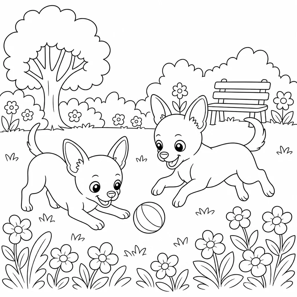 Coloriage Deux chihuahuas et balle colorée à imprimer