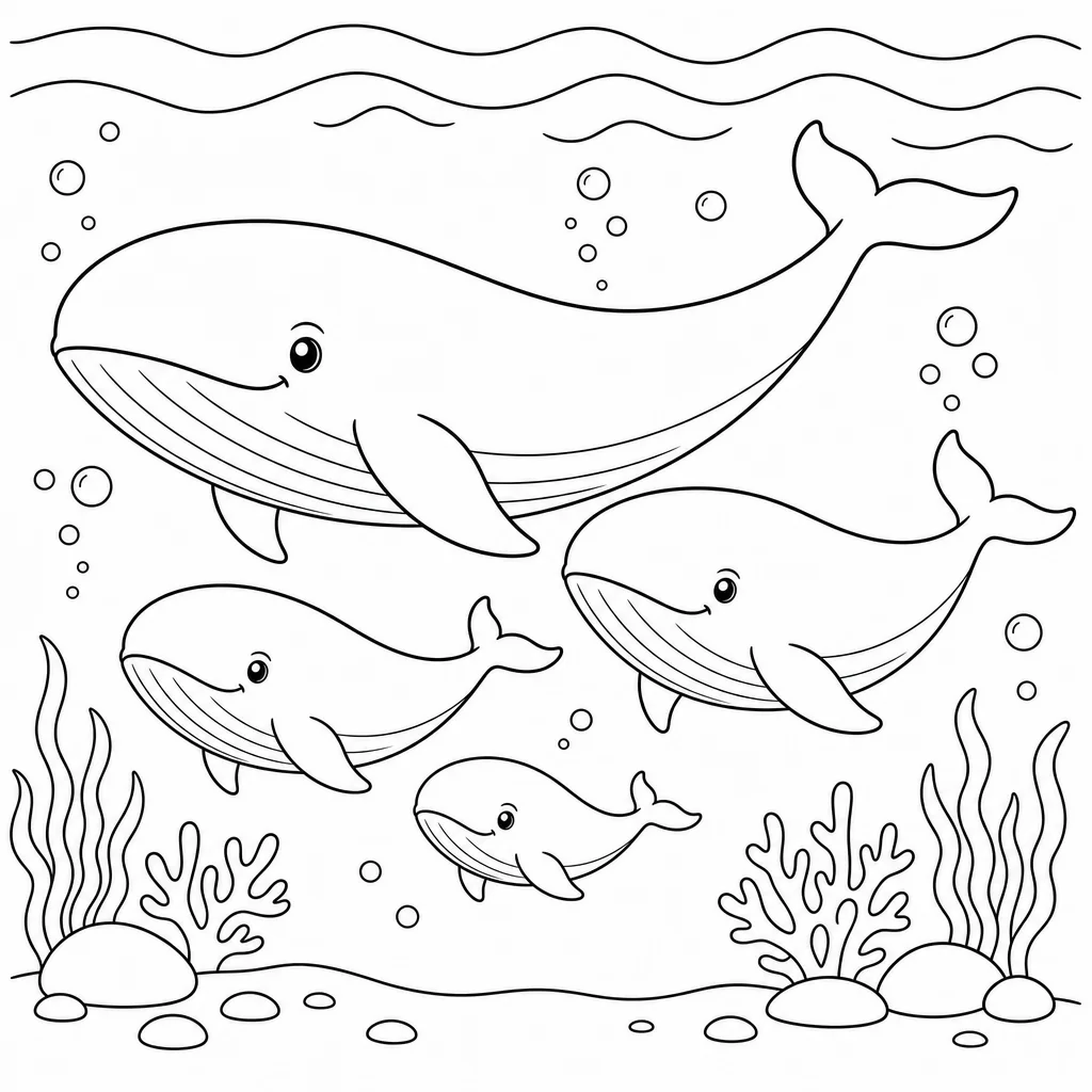 Coloriage Famille de baleines sous l'océan à imprimer
