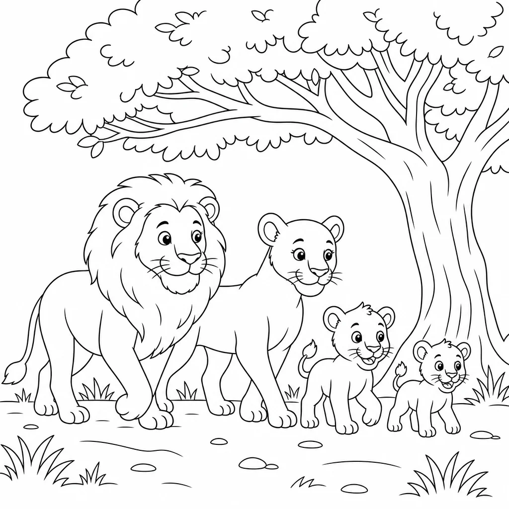 Coloriage Famille de lions sous arbre à imprimer