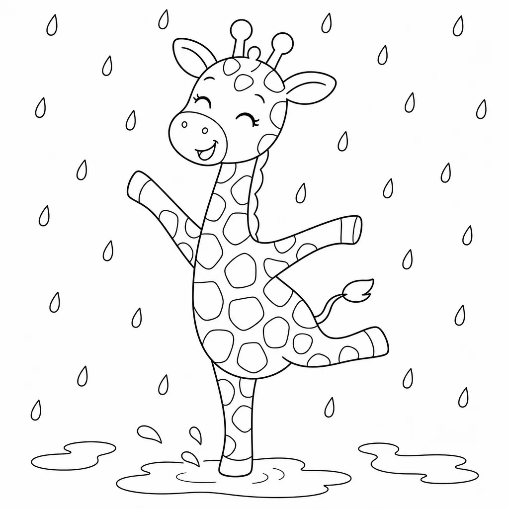Coloriage Girafe dansant sous la pluie à imprimer