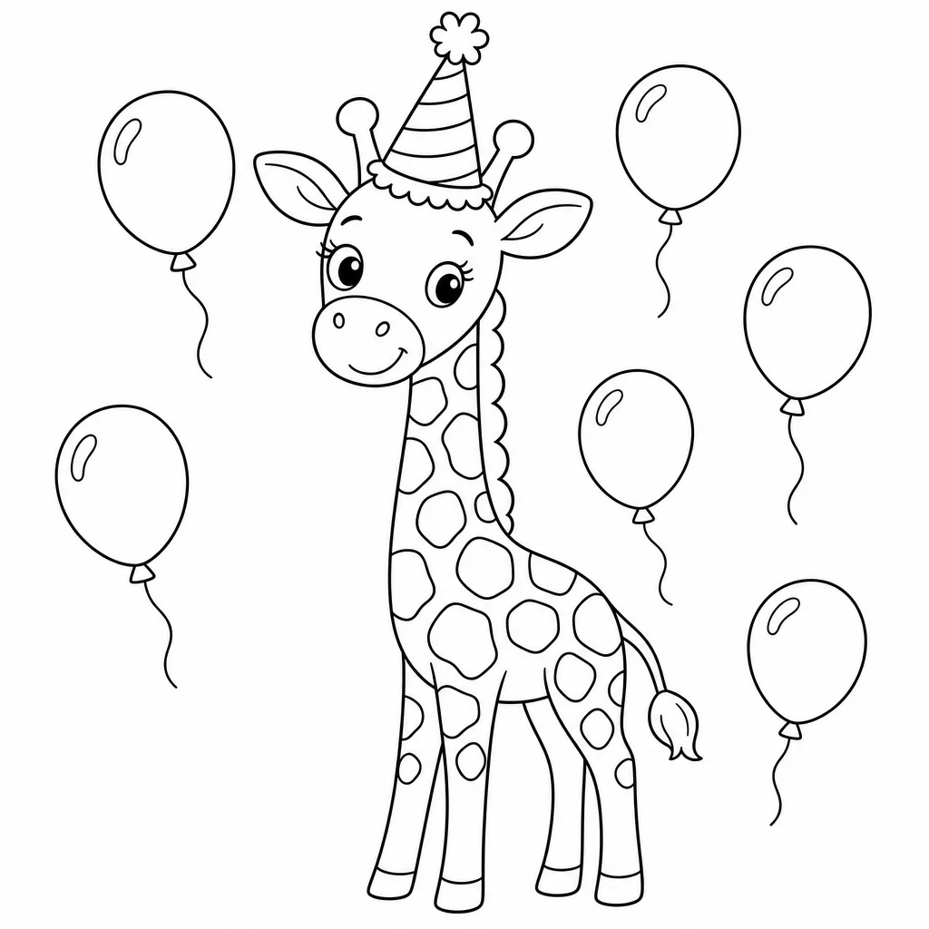 Coloriage Girafe en fête avec ballons à imprimer