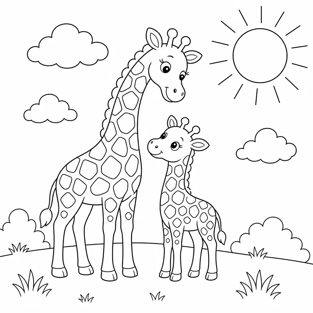 Coloriage Girafe et bébé sous le soleil à imprimer
