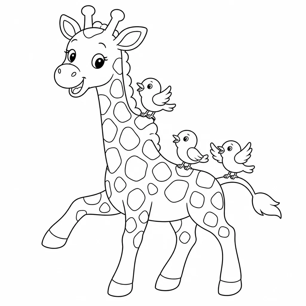 Coloriage Girafe et oiseaux joyeux à imprimer