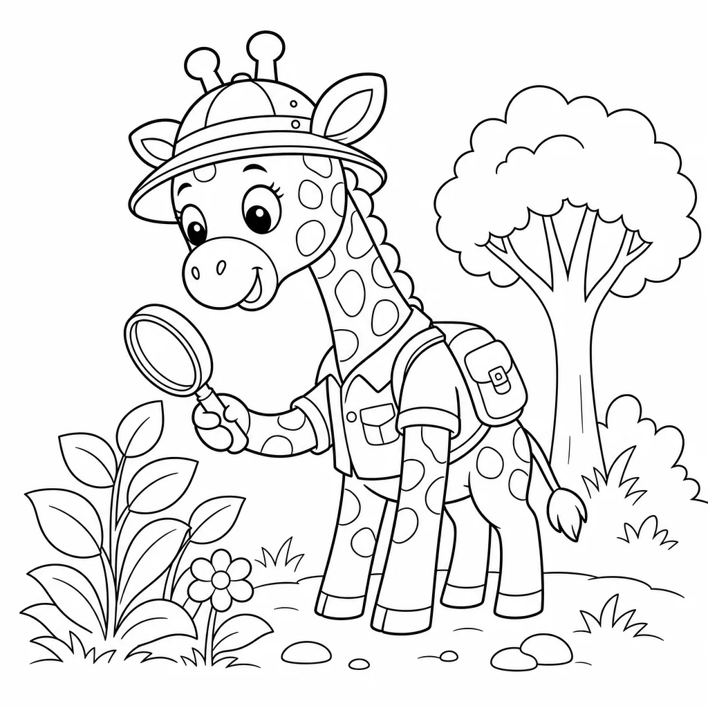 Coloriage Girafe exploratrice avec loupe à imprimer