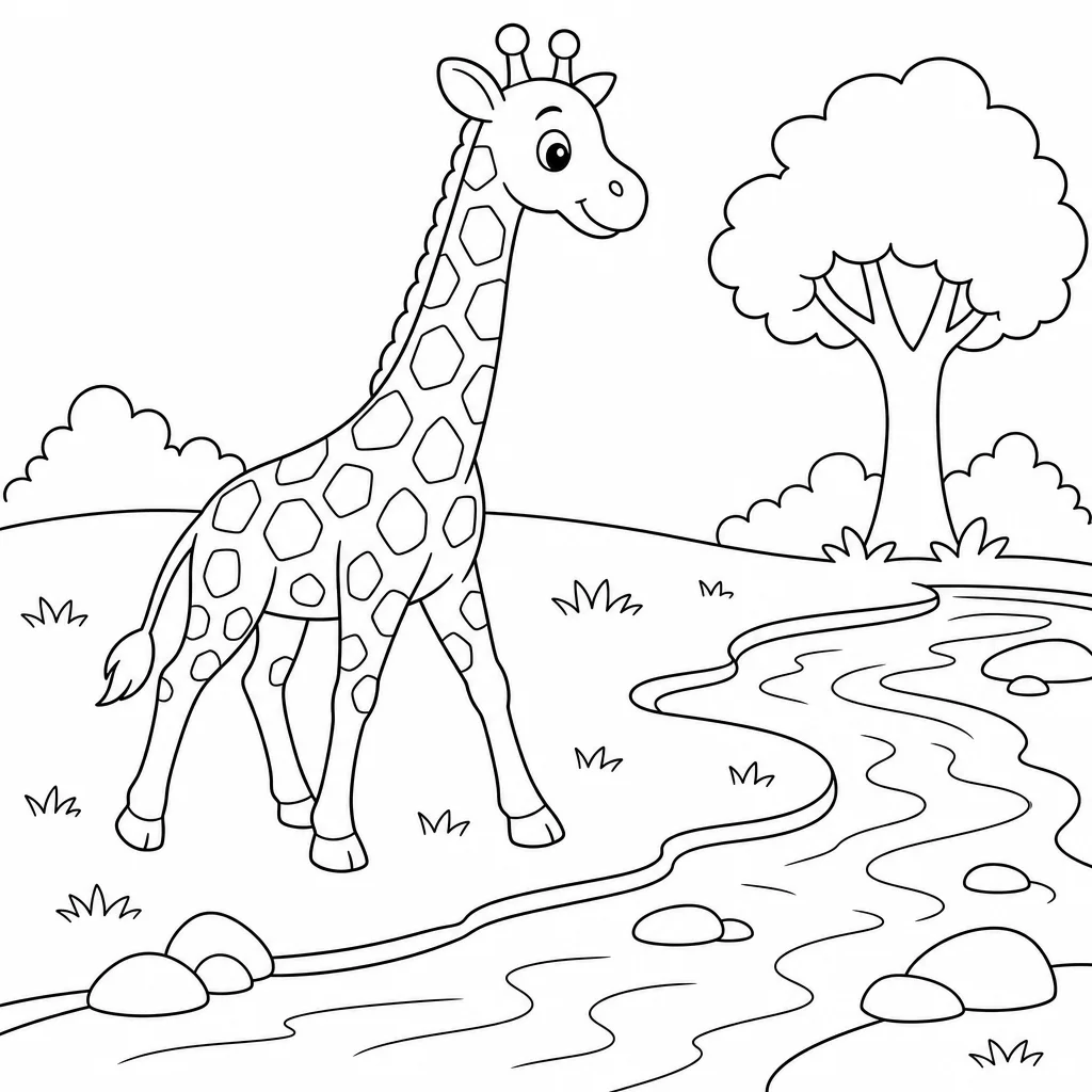 Coloriage Girafe près de la rivière à imprimer