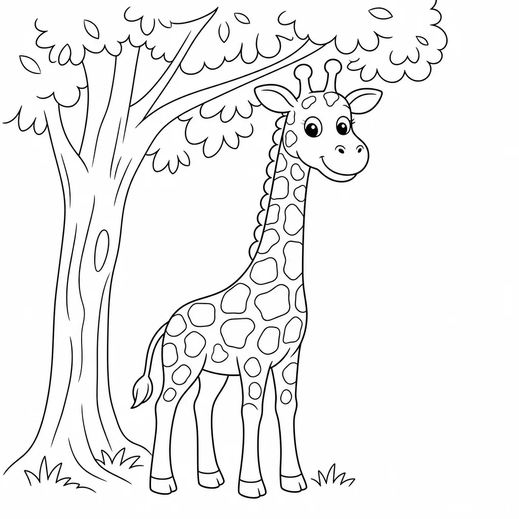 Coloriage Girafe rigolote sous arbre à imprimer