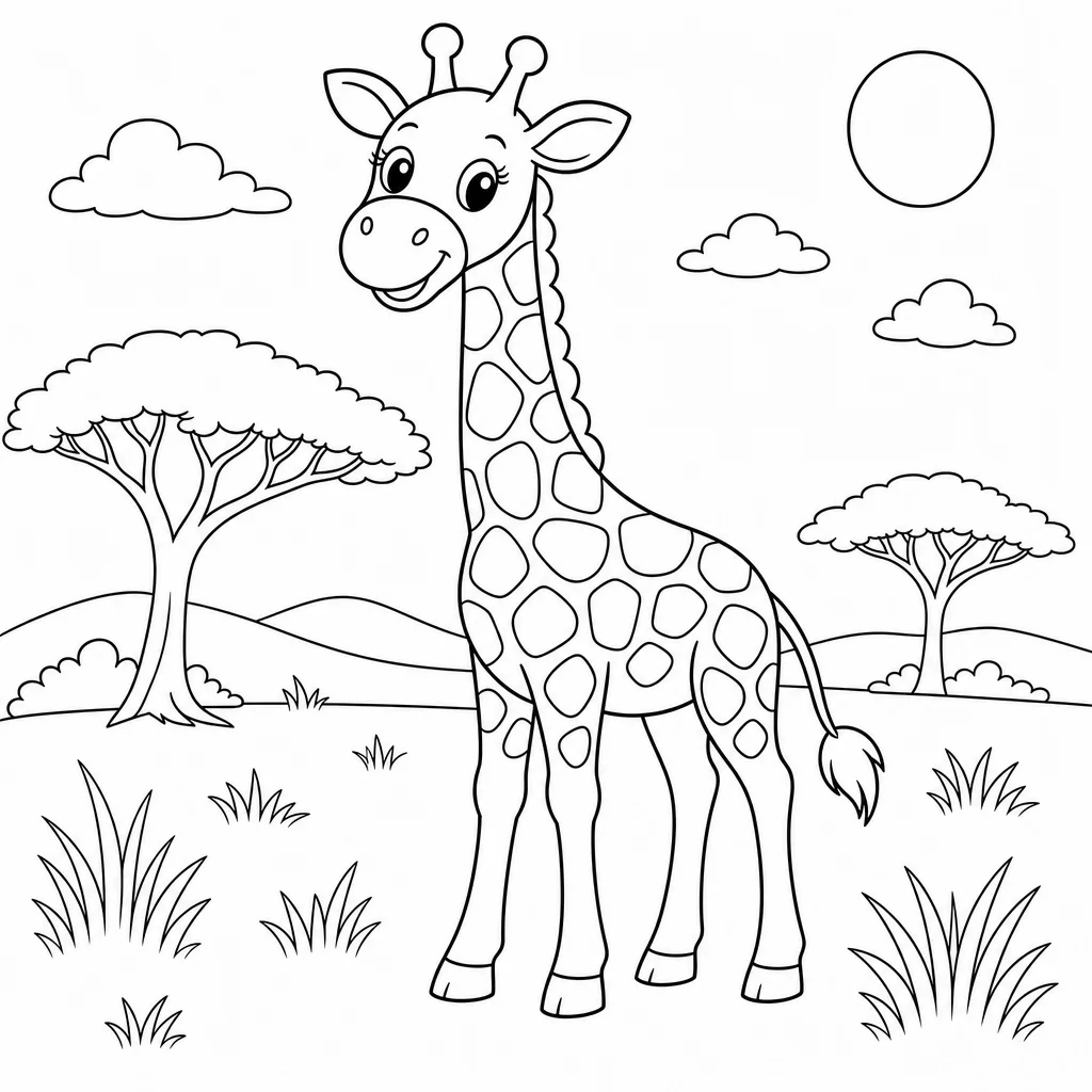 Coloriage Girafe souriante dans la savane à imprimer