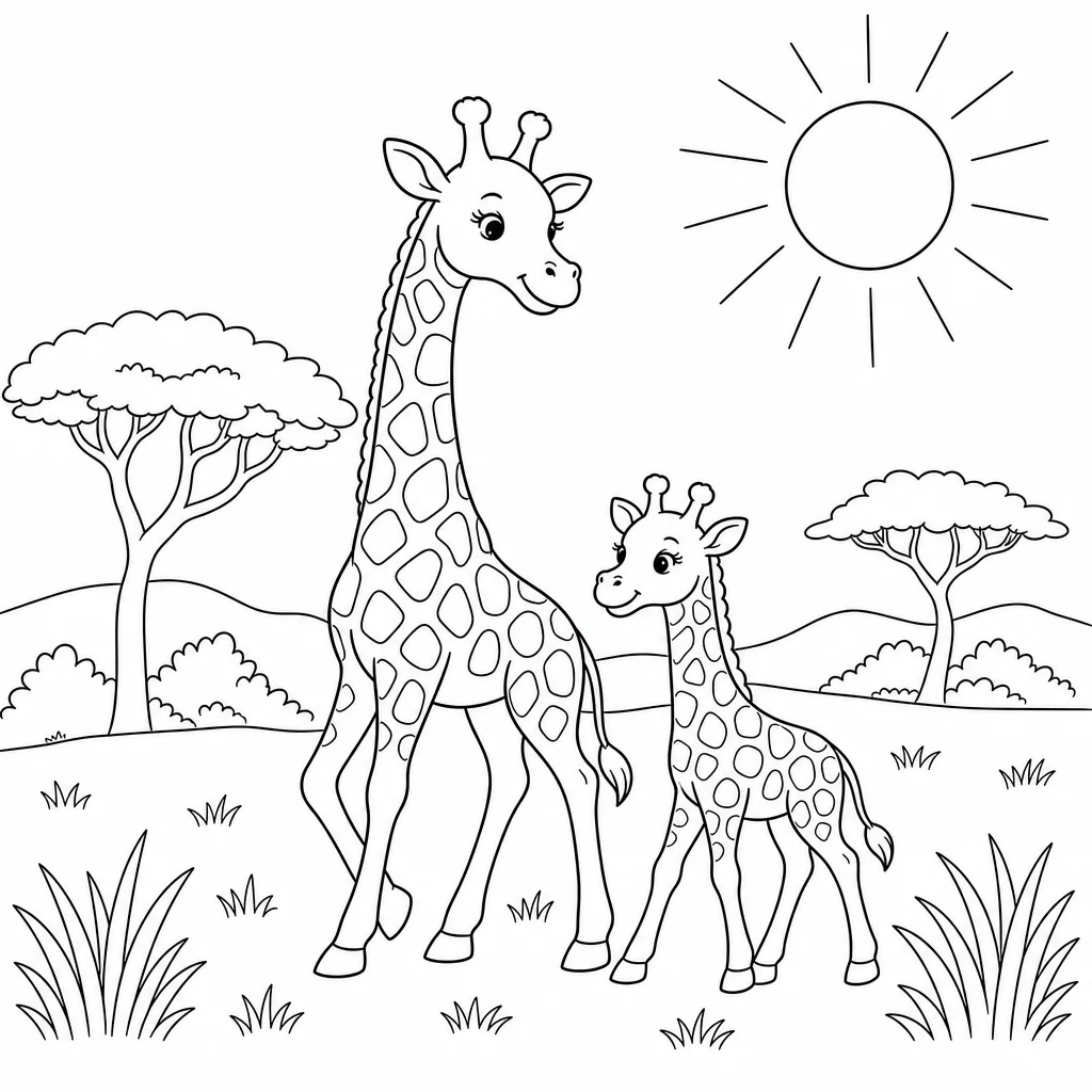 Coloriage Girafes sous le soleil en savane à imprimer
