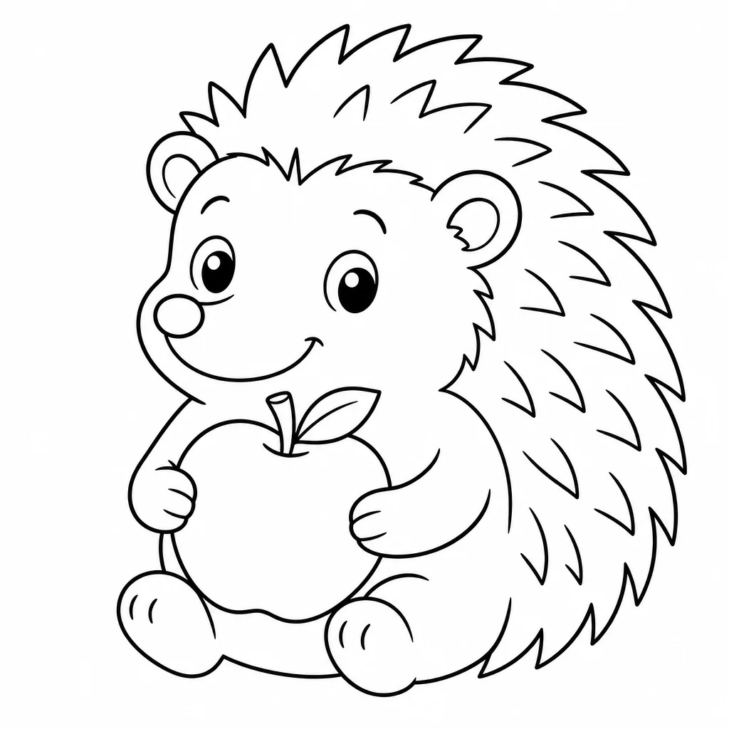 Coloriage Hérisson avec une pomme à imprimer