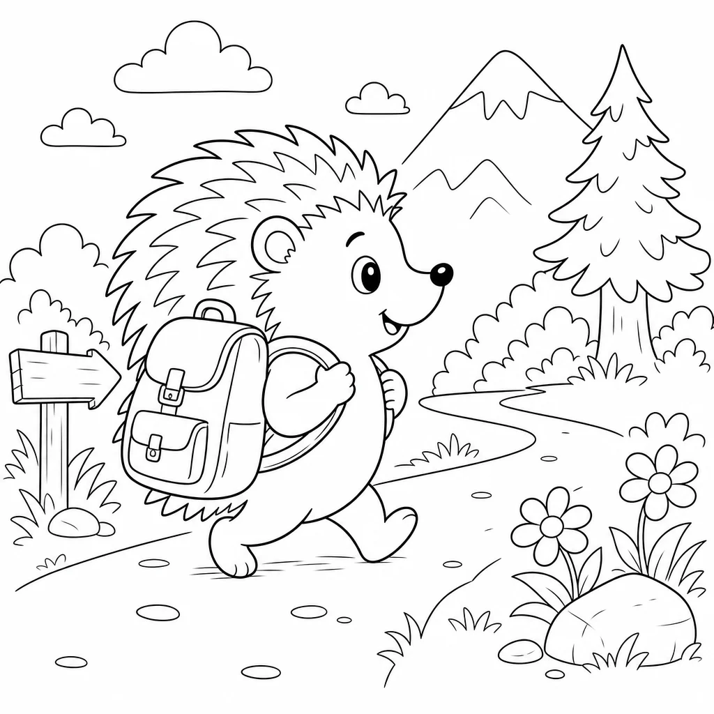Coloriage Hérisson aventurier avec sac à dos à imprimer