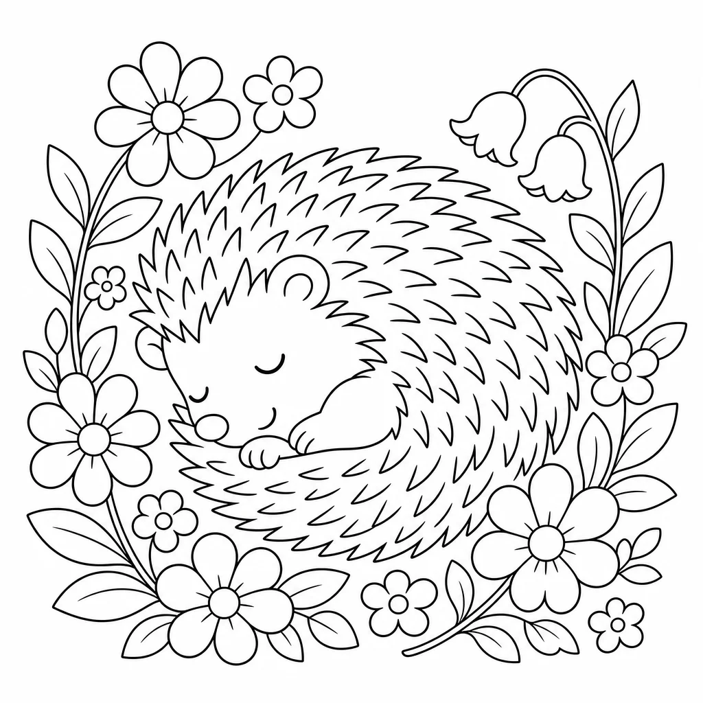 Coloriage Hérisson endormi parmi fleurs à imprimer
