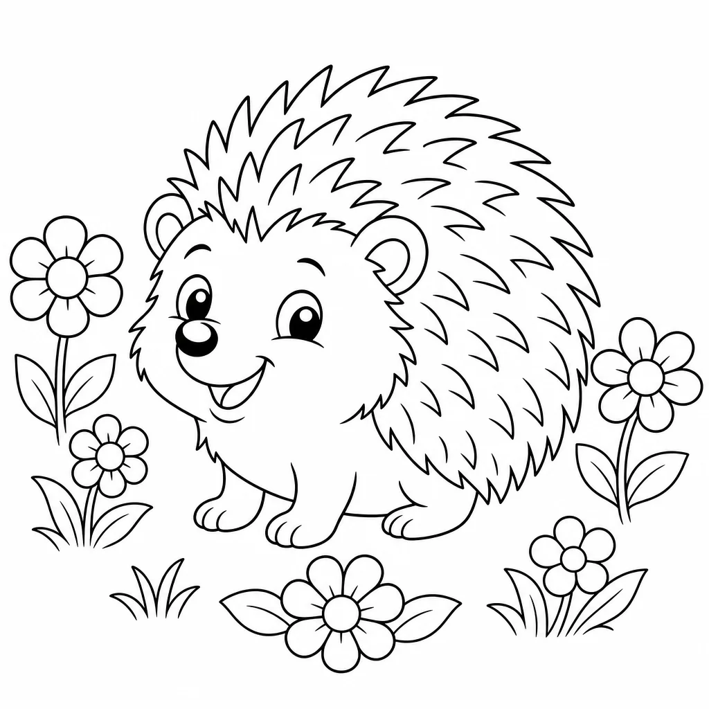 Coloriage Hérisson et fleurs joyeux à imprimer