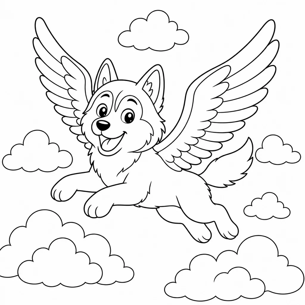 Coloriage Husky ailé parmi les nuages à imprimer