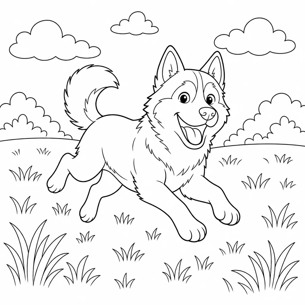 Coloriage Husky courant dans le champ à imprimer