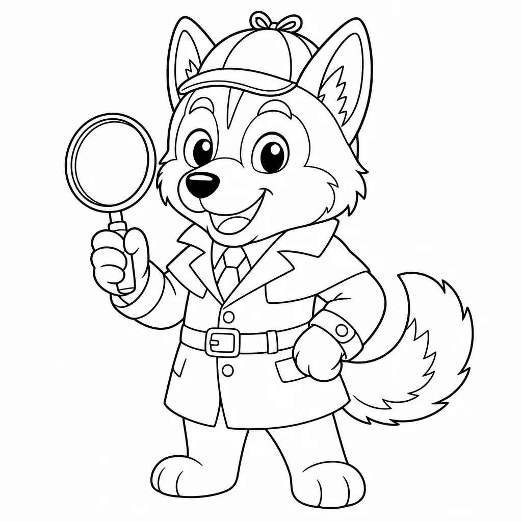 Coloriage Husky détective avec loupe à imprimer