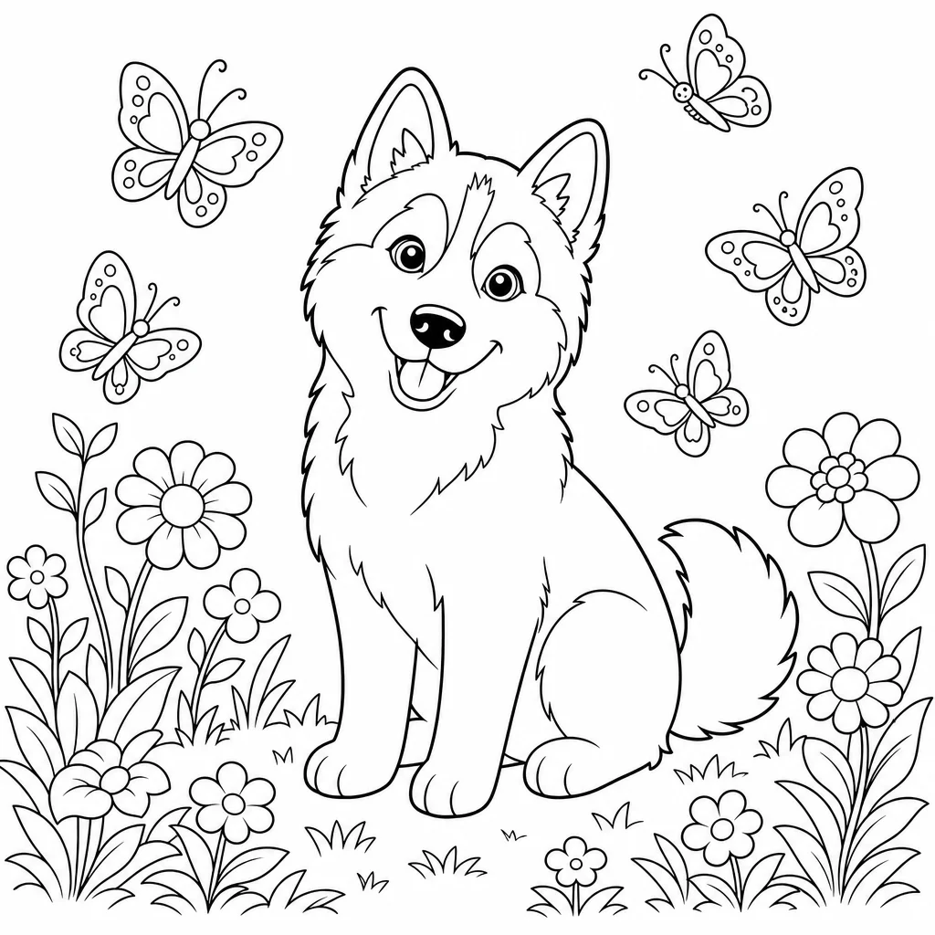 Coloriage Husky et papillons au jardin à imprimer