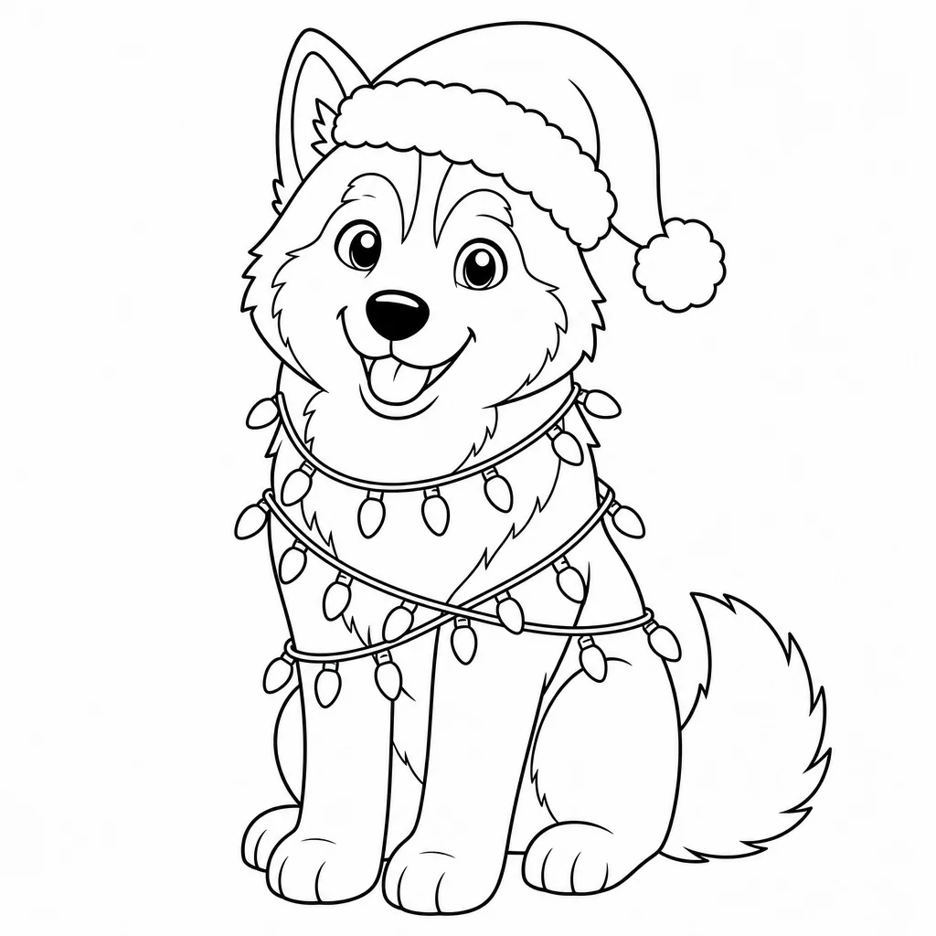 Coloriage Husky Noël et guirlandes à imprimer