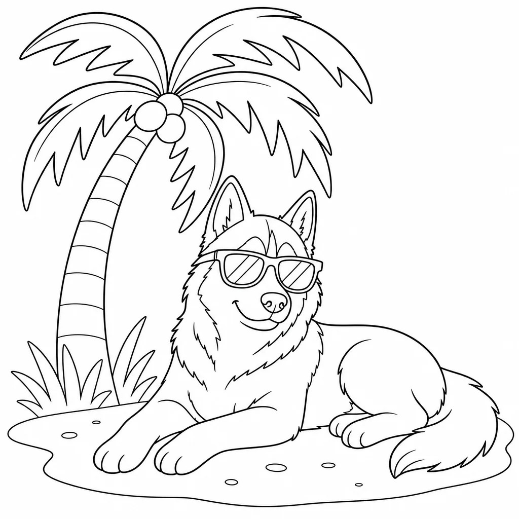 Coloriage Husky stylé sous palmier à imprimer