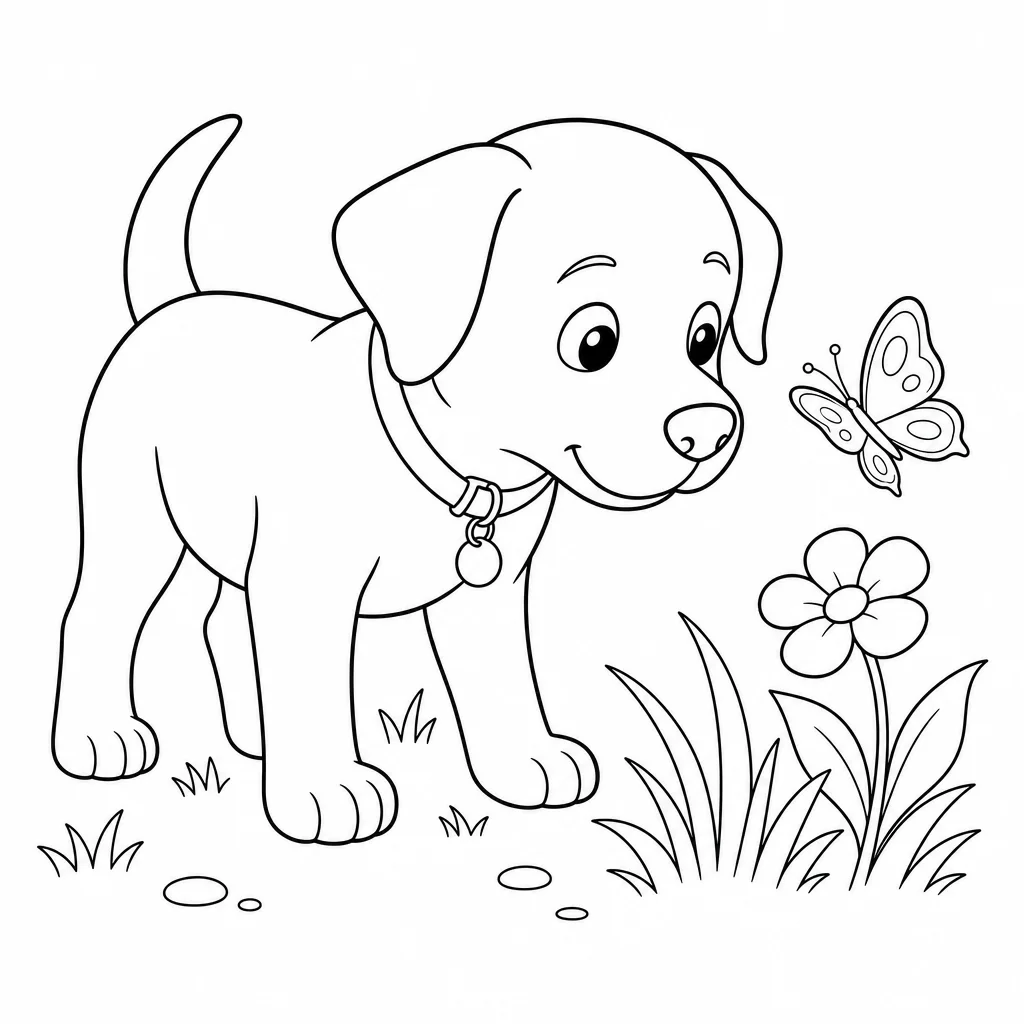 Coloriage Labrador et papillon curieux à imprimer