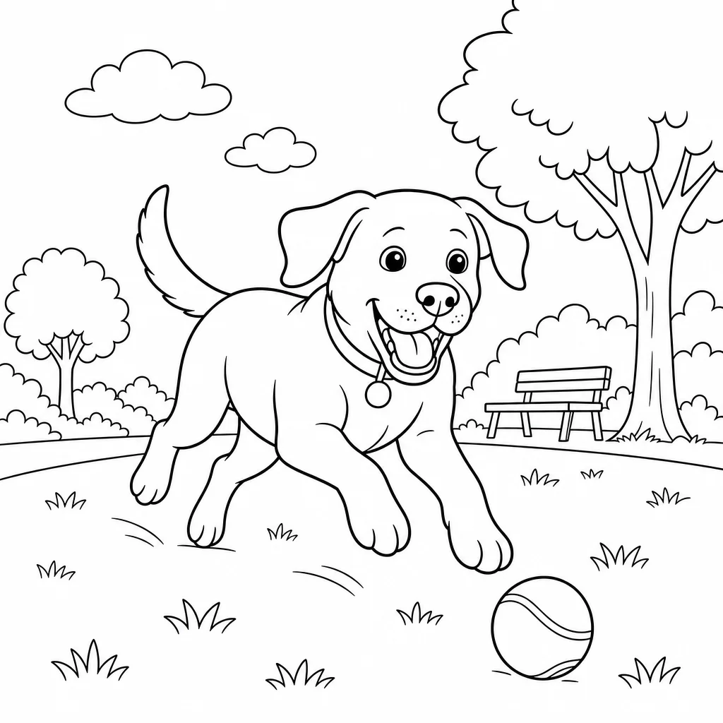 Coloriage Labrador joueur au parc à imprimer