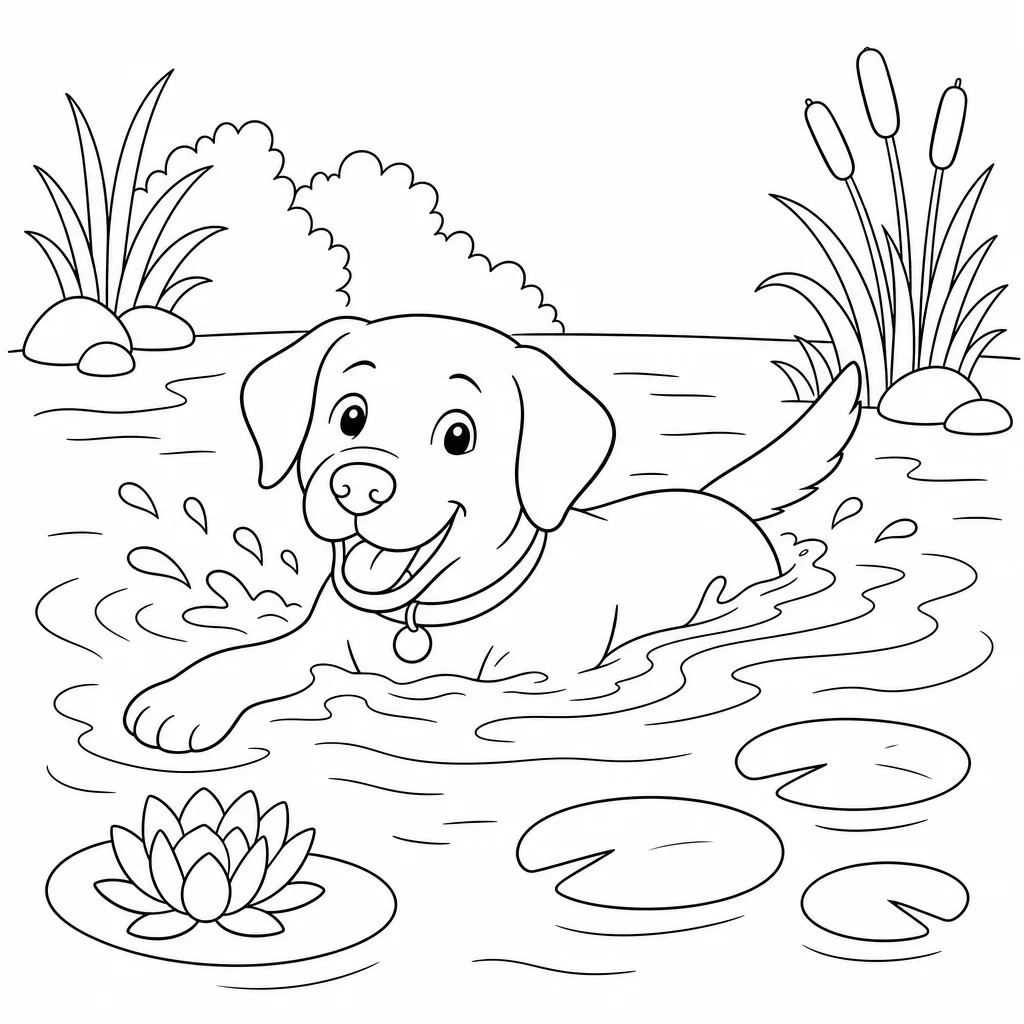 Coloriage Labrador nageant dans étang à imprimer