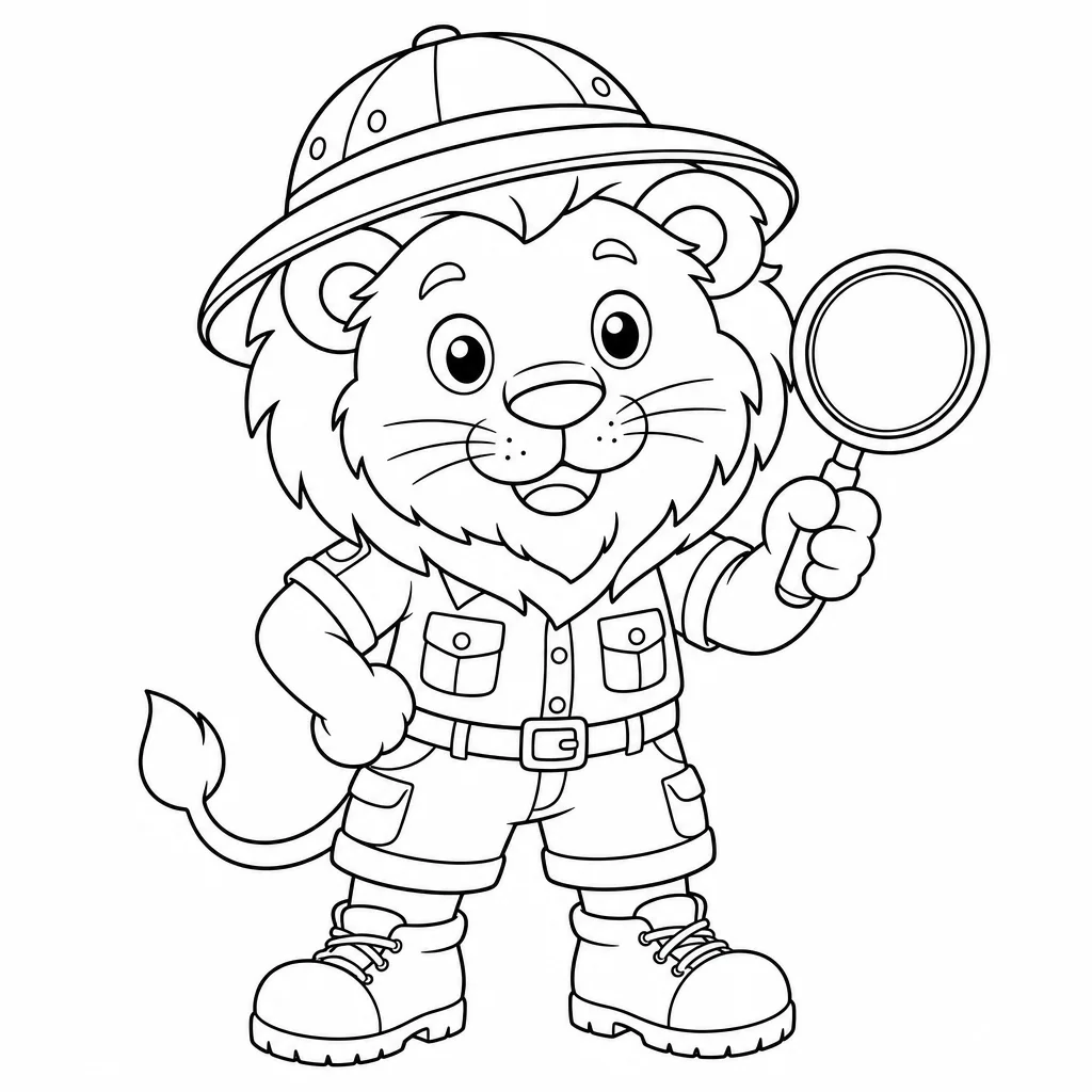 Coloriage Lion explorateur avec accessoires à imprimer