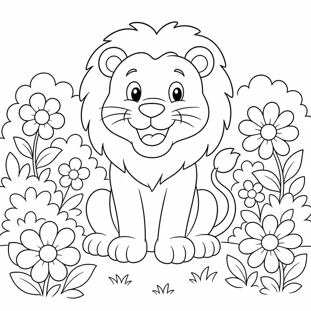 Coloriage Lion joyeux dans la nature à imprimer