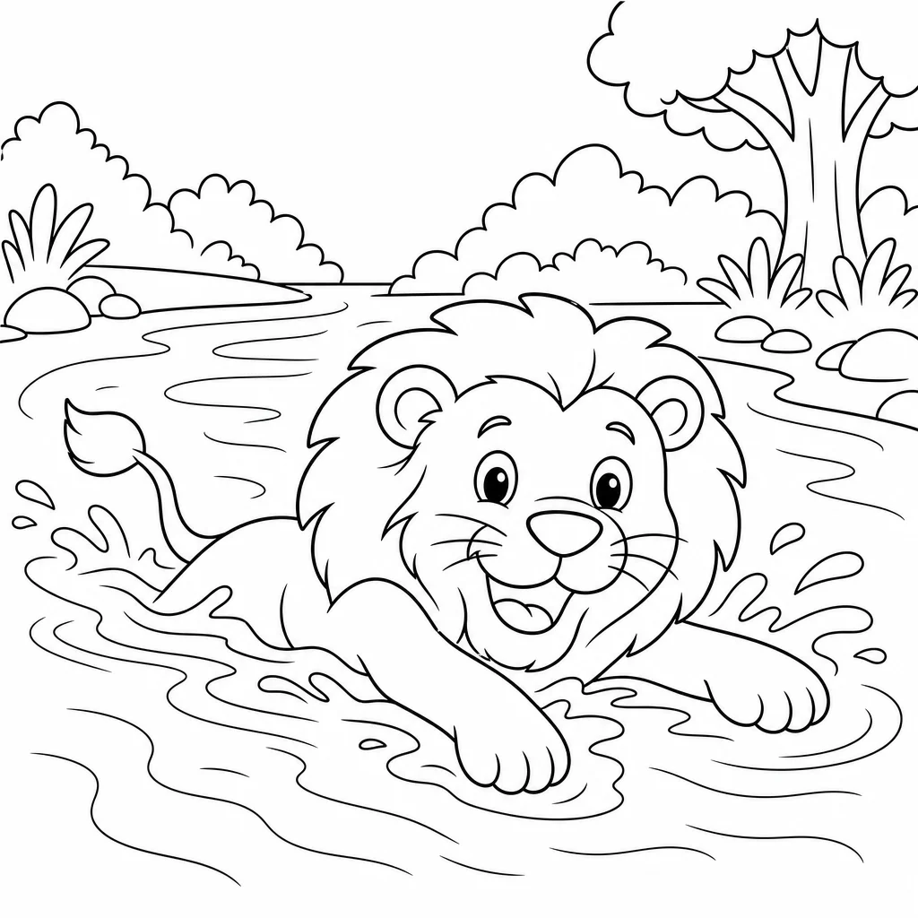 Coloriage Lion nageant dans rivière à imprimer