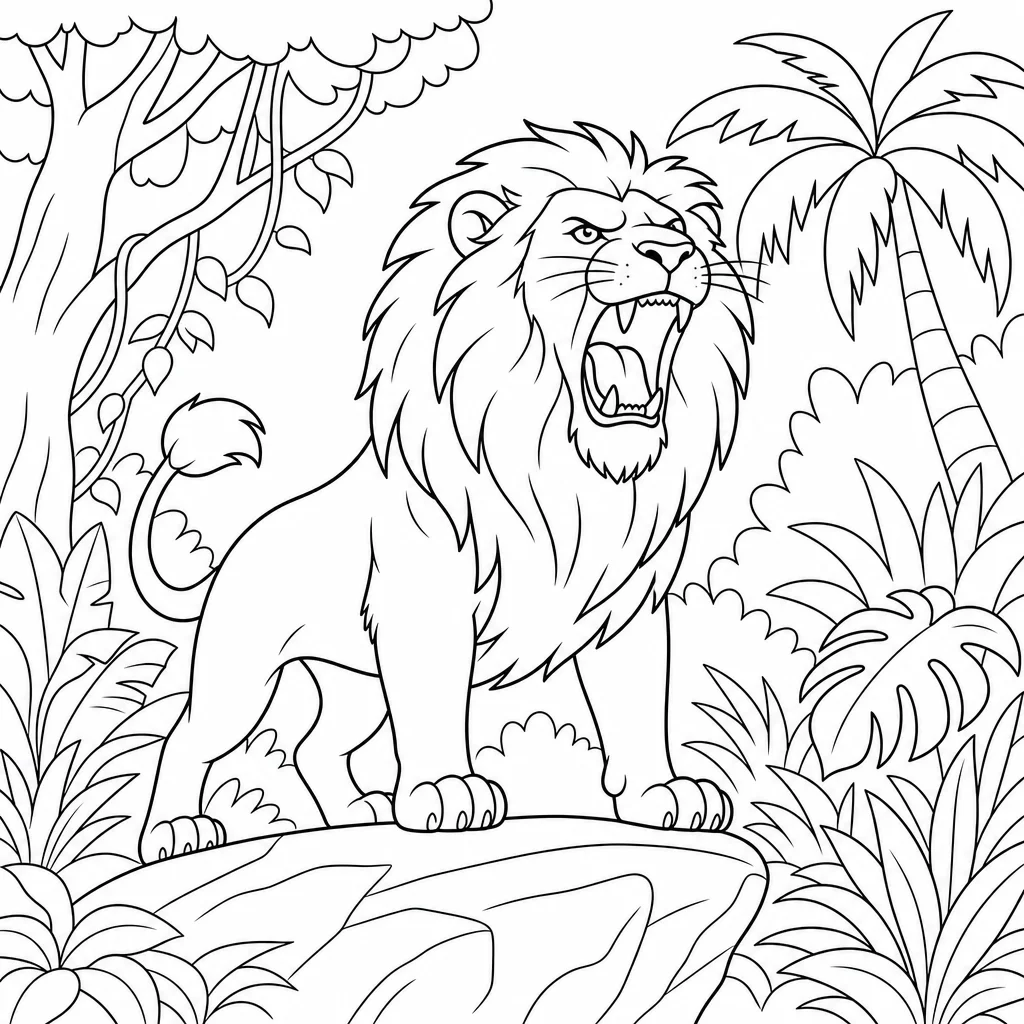 Coloriage Lion rugissant dans la jungle à imprimer