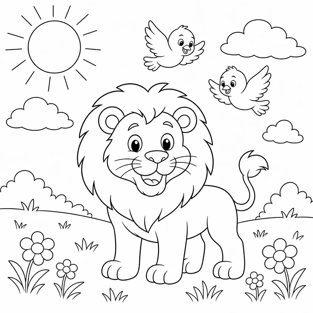 Coloriage Lion souriant et oiseaux joyeux à imprimer