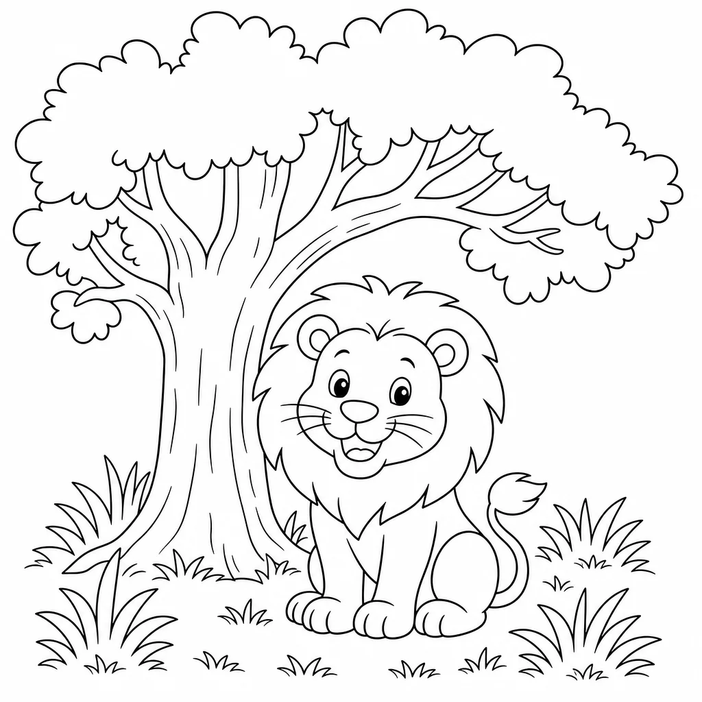 Coloriage Lion souriant sous un arbre à imprimer