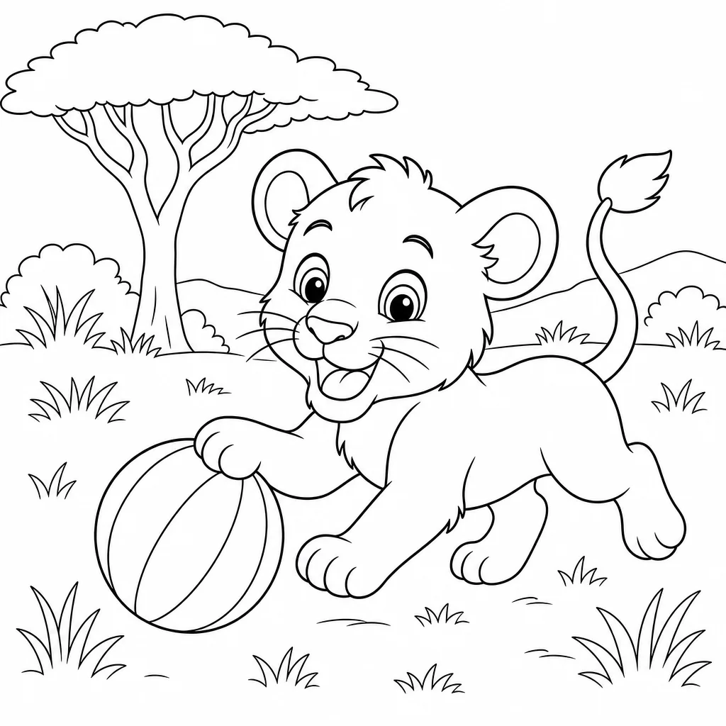 Coloriage Lionceau et balle en savane à imprimer