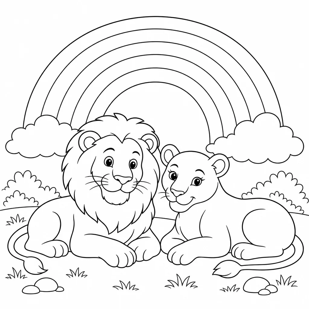 Coloriage Lions sous un arc-en-ciel à imprimer
