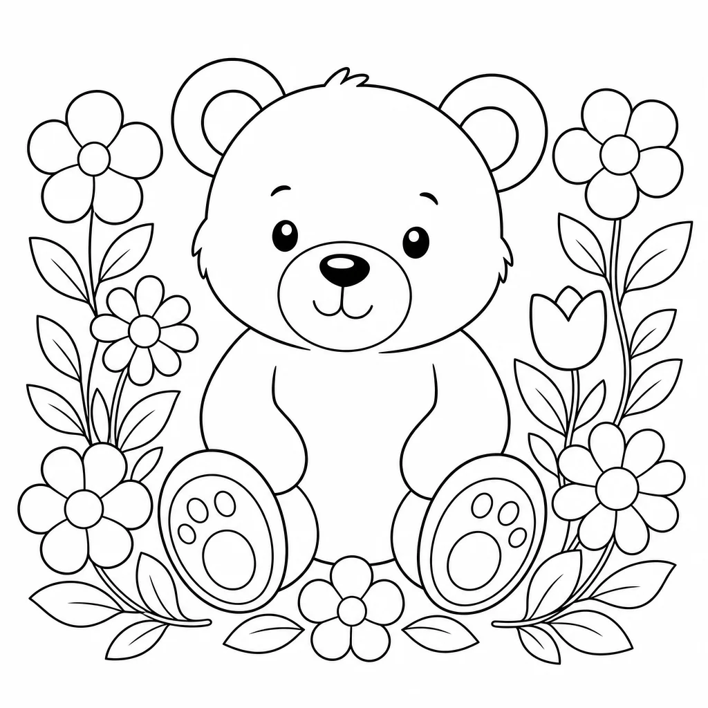 Coloriage Ours et fleurs colorées à imprimer