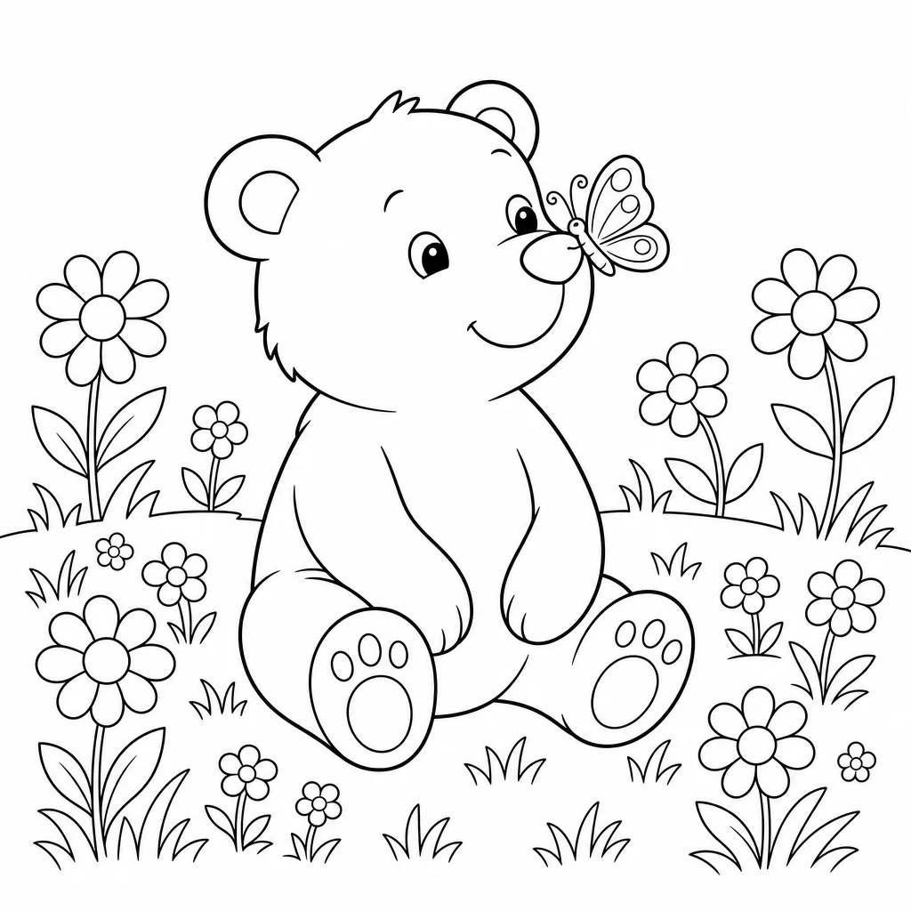 Coloriage Ours et papillon dans prairie à imprimer