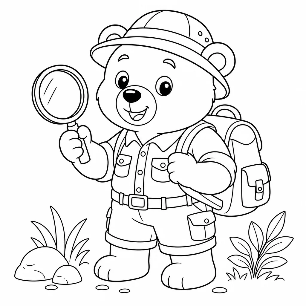 Coloriage Ours explorateur avec loupe à imprimer