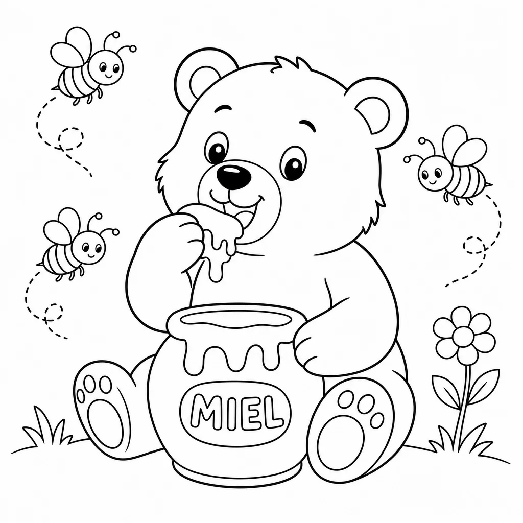 Coloriage Ours gourmand et abeilles joyeuses à imprimer