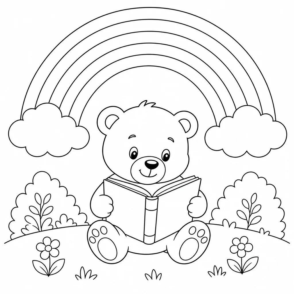 Coloriage Ours lecteur sous arc-en-ciel à imprimer