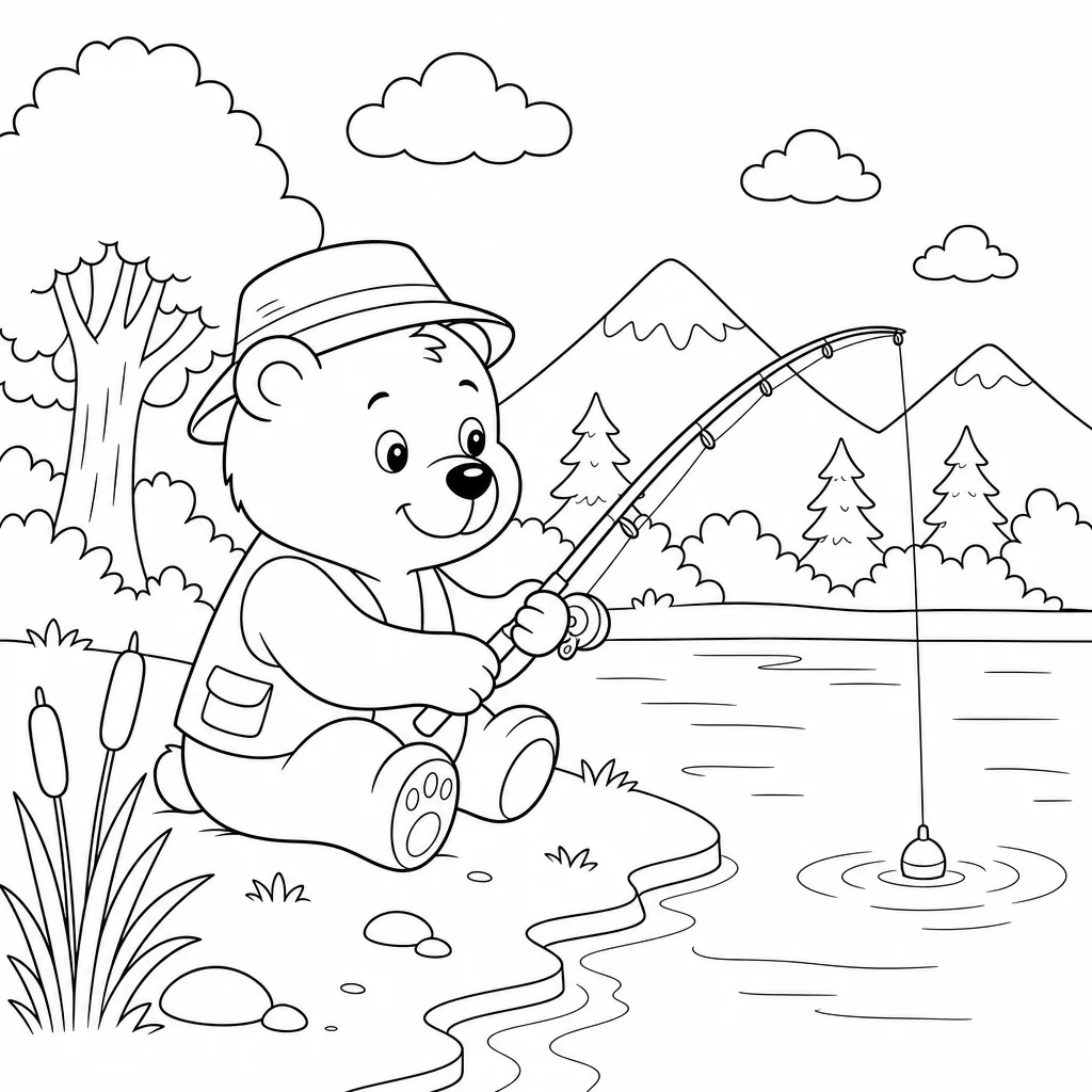 Coloriage Ours pêcheur au lac à imprimer