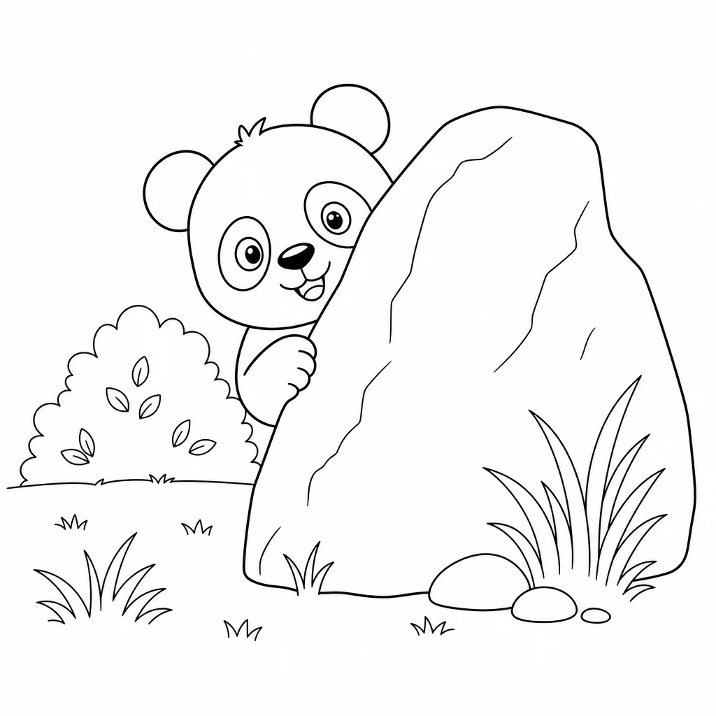 Coloriage Panda cache-cache derrière rocher à imprimer