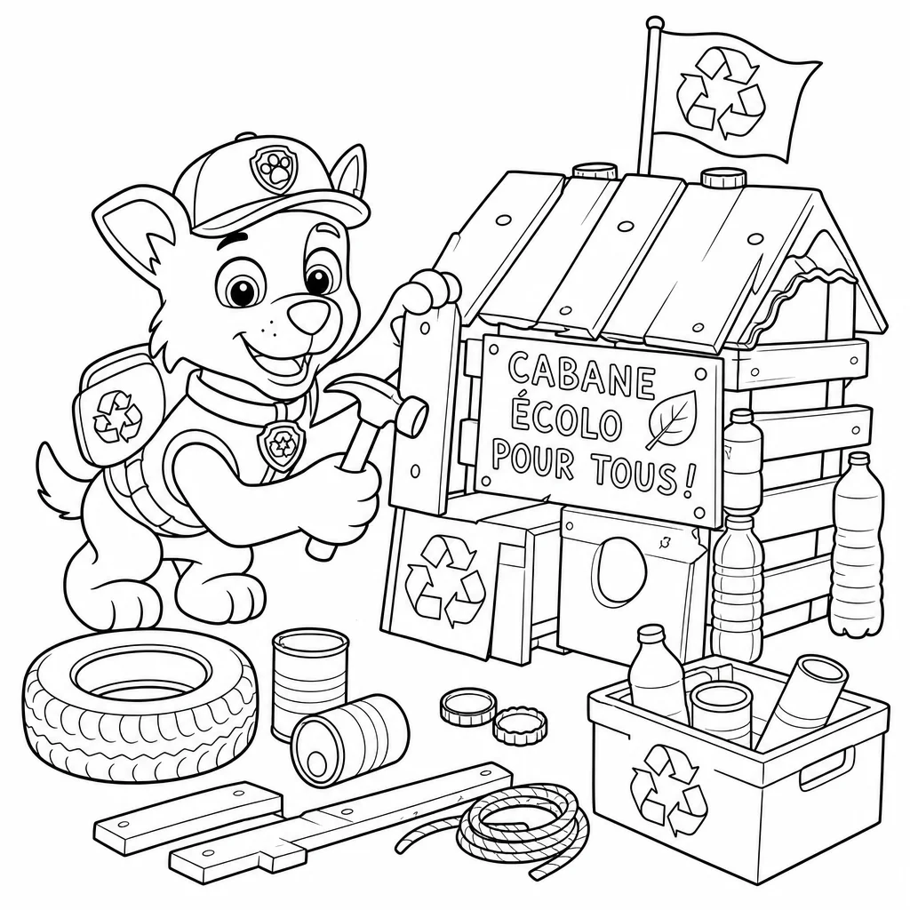 Coloriage Rocky et sa cabane recyclée à imprimer