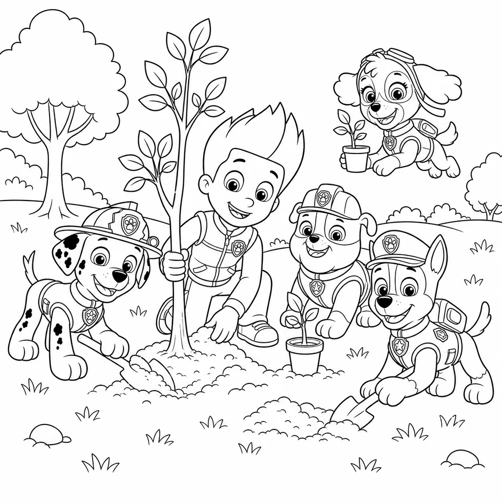 Coloriage Ryder plante des arbres à imprimer