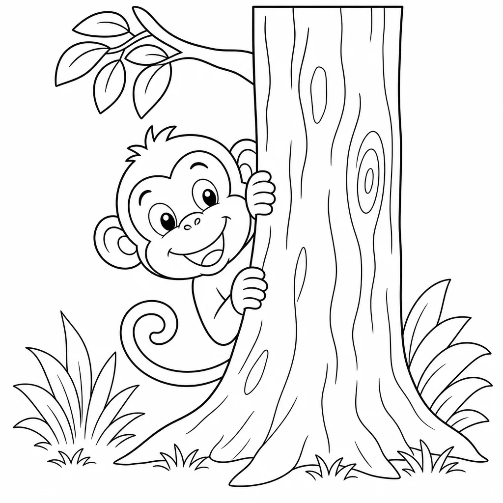 Coloriage Singe caché derrière un tronc à imprimer