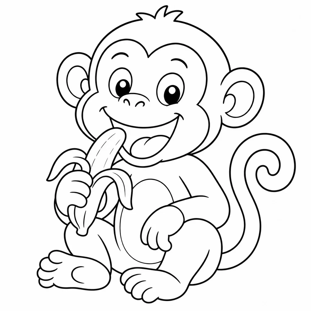 Coloriage Singe heureux mange banane à imprimer