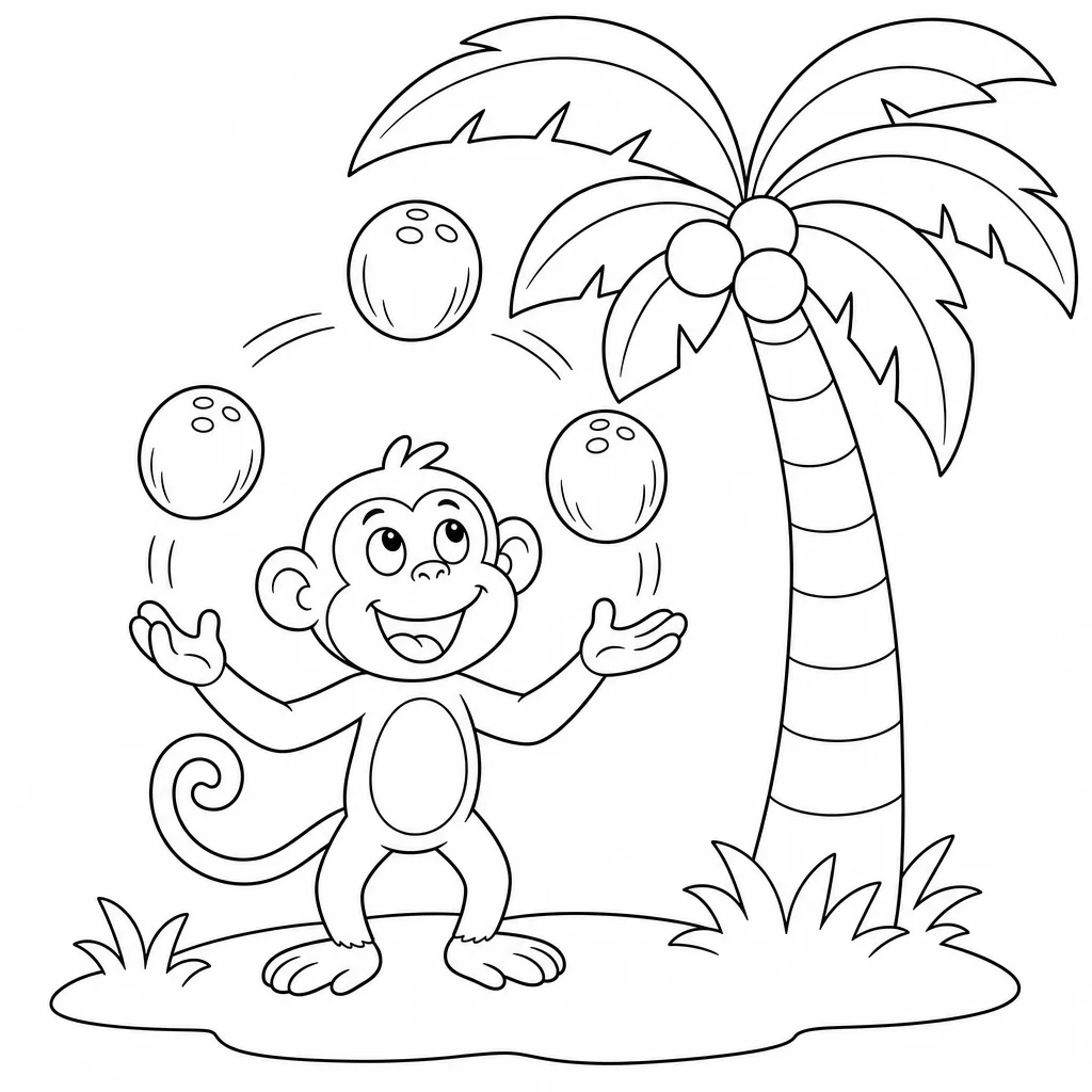 Coloriage Singe jongleur sous palmier à imprimer