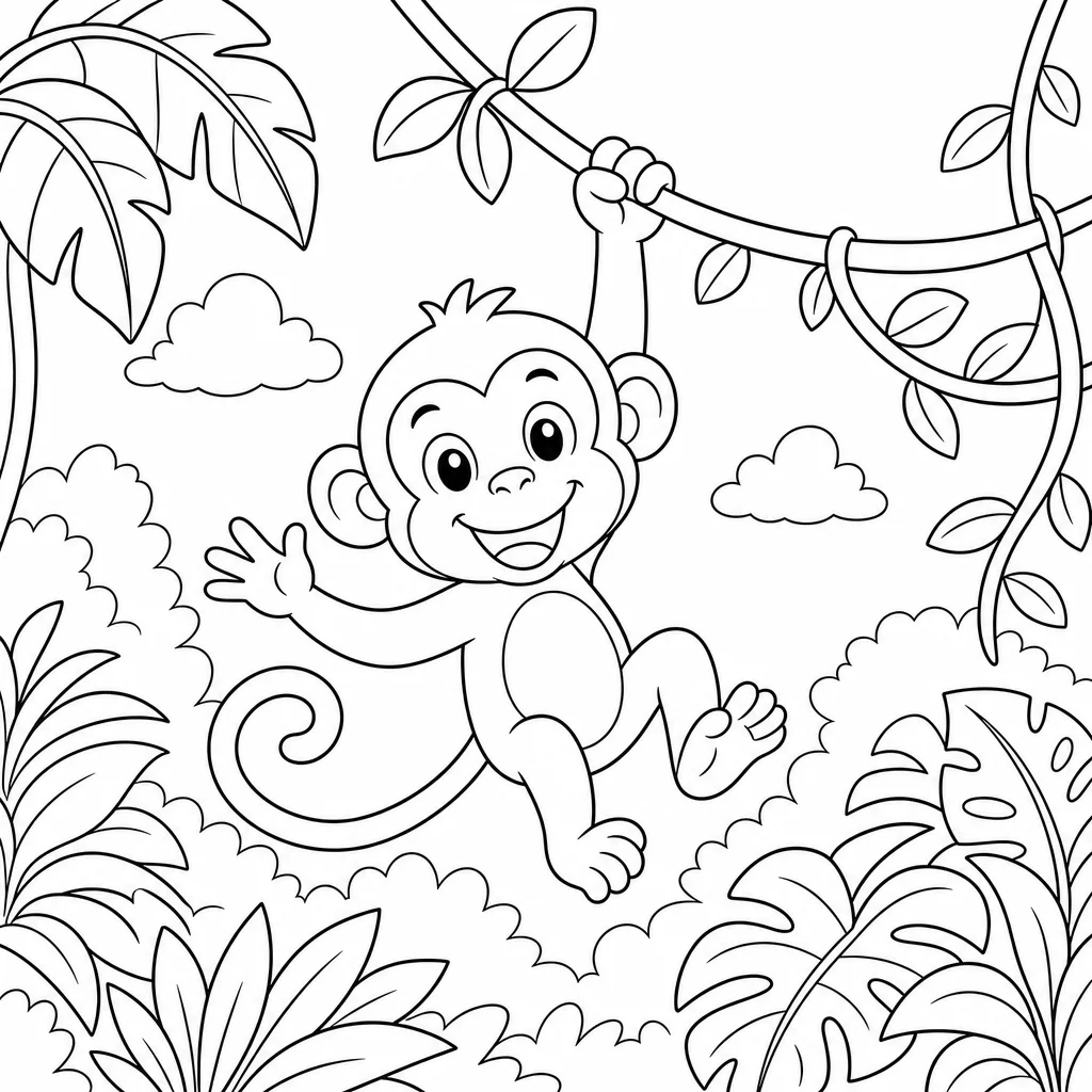 Coloriage Singe joyeux dans la jungle à imprimer