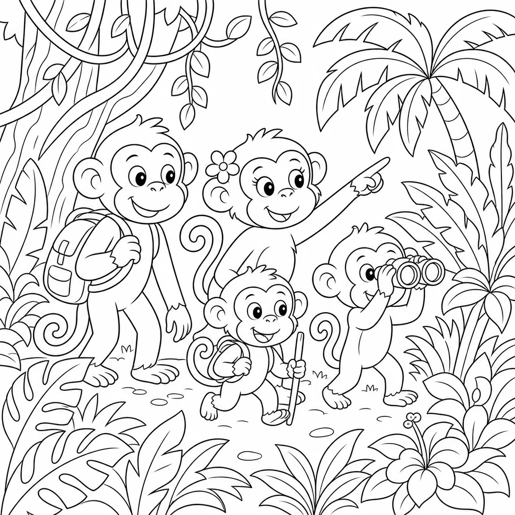 Coloriage Singes dans la forêt tropicale à imprimer