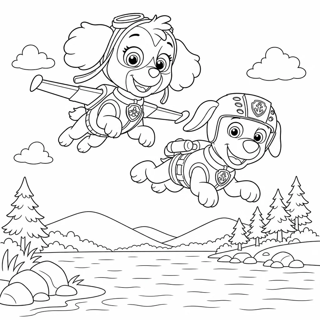 Coloriage Sky et Zuma au lac à imprimer
