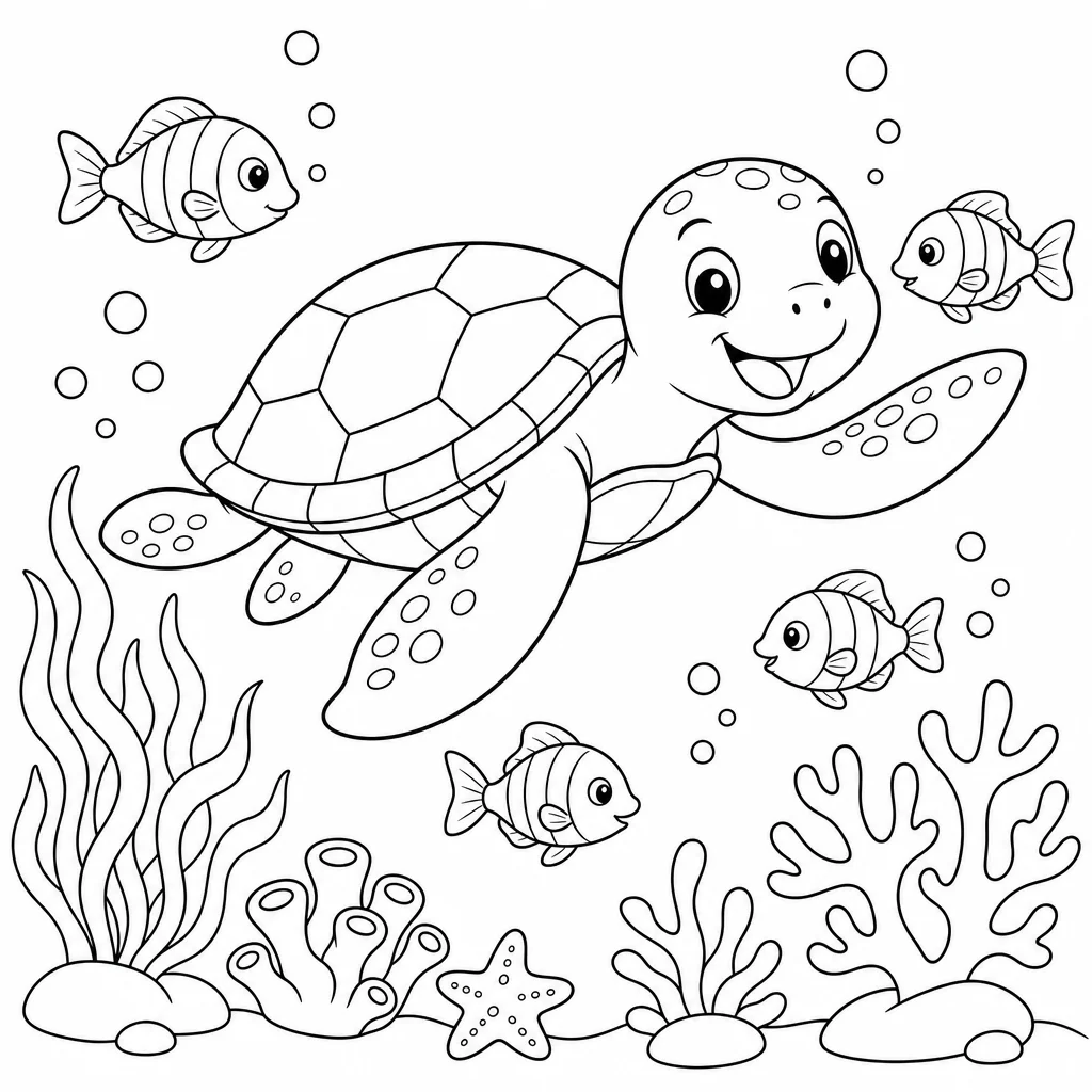 Coloriage Tortue nageant avec poissons à imprimer